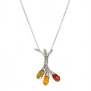 925 Sterling Silver Baltic Amber Floral Pendant Necklace Honey Cognac Green